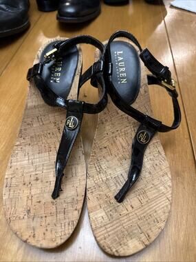 Lauren Ralph Lauren Sandals Reeta T-Strap Cork Wedge Women Sz 8 Black Summer